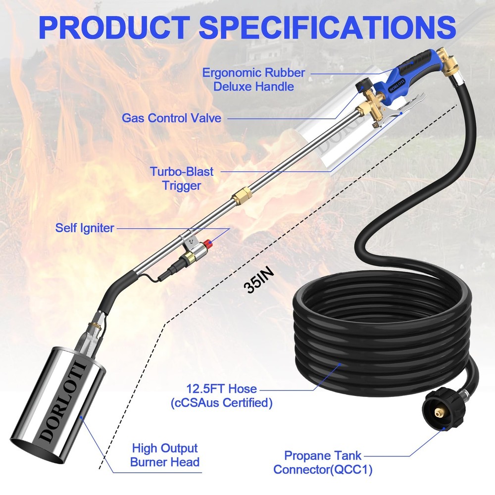 Propane Torch Weed Burner Kit Long Short Mode 12,5FT Hose Self Igniter