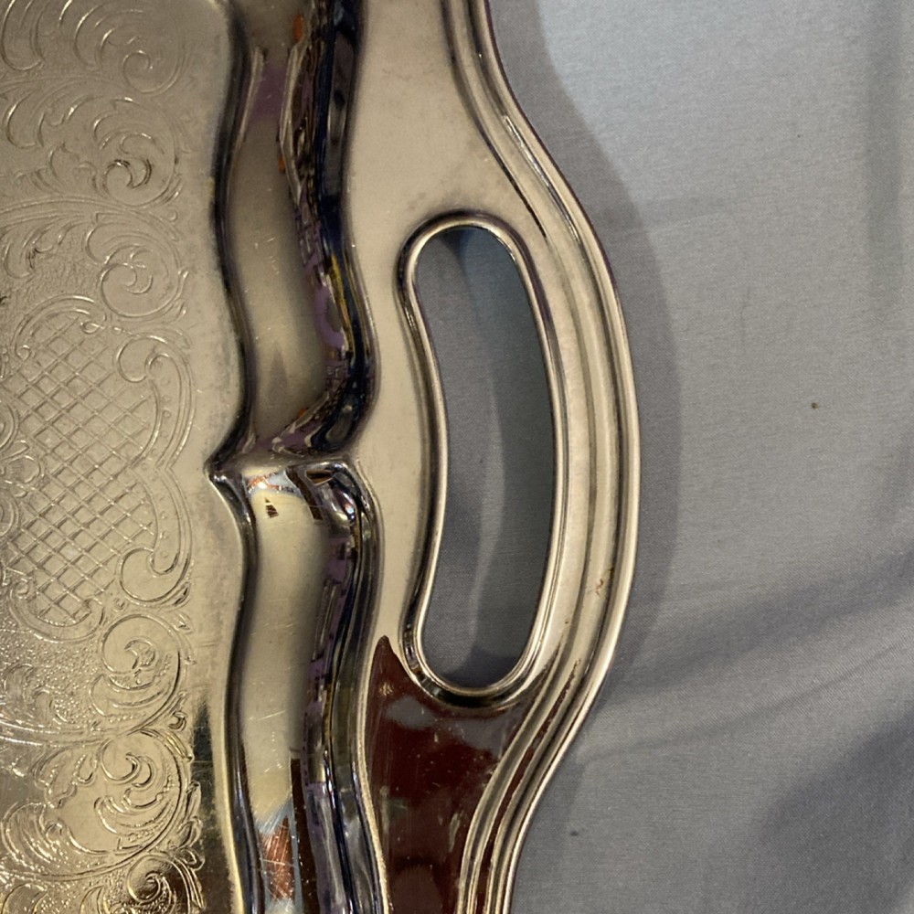 Silver-Plated Ornate Rectangular Serving Tray with Handles, 20 Inches