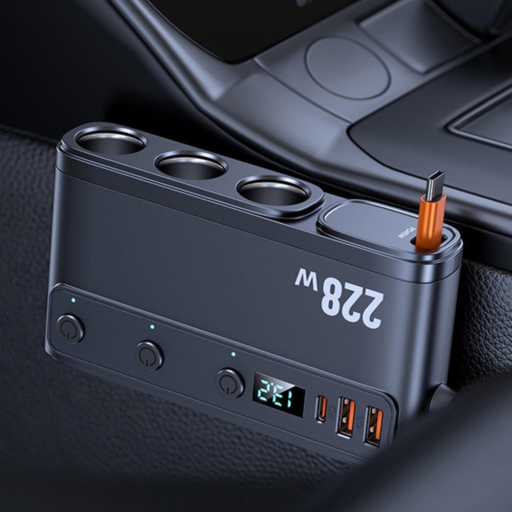 Multi Function Car Charger 9-in-1 with 3 Cigarette Lighter Sockets 6 USB 228W