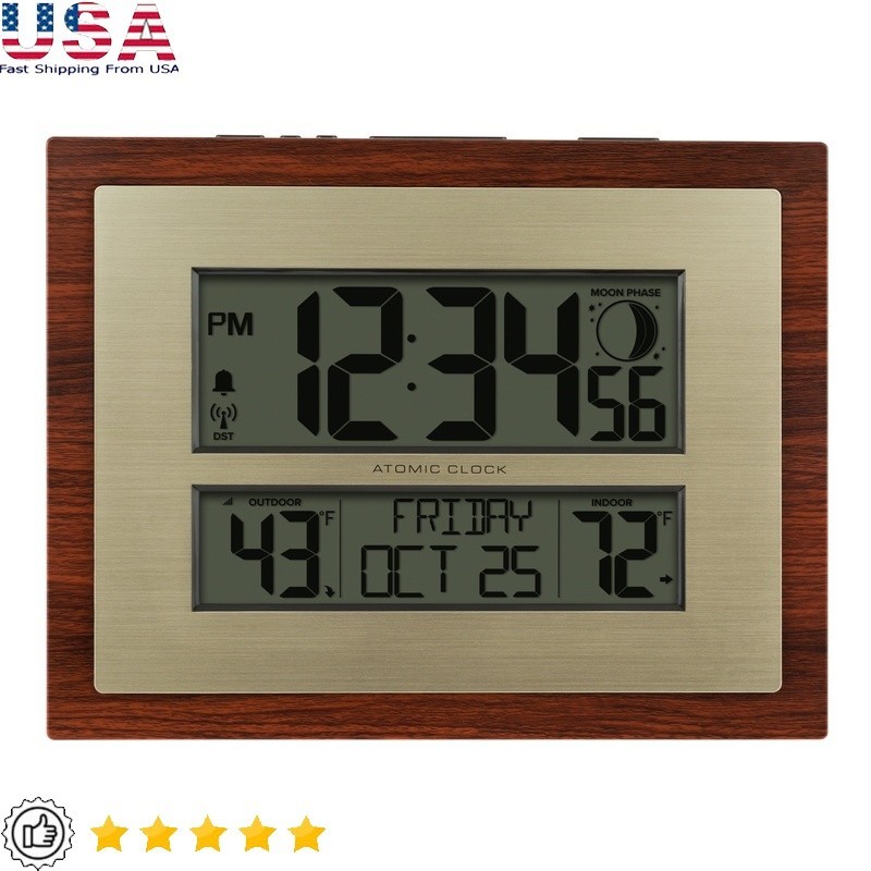 Digital Atomic Clock Indoor Outdoor Temperature Wireless Self-Setting Alarm New