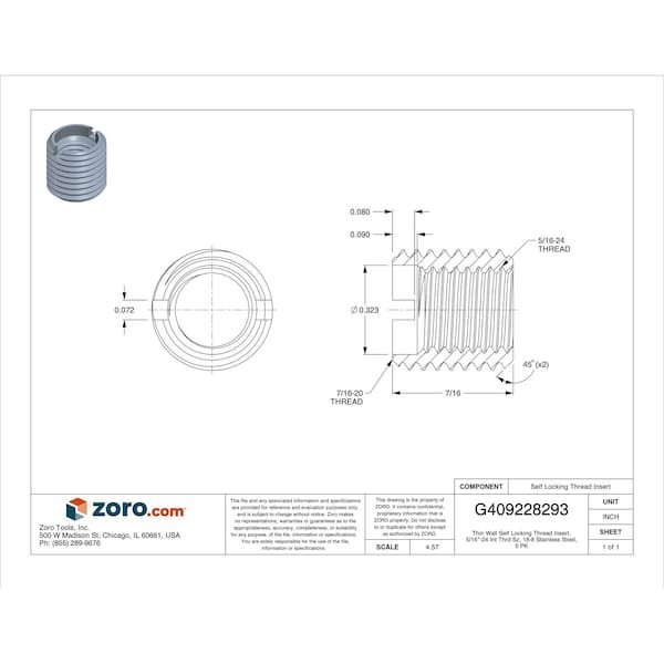 Thin Wall Self Locking Thread Insert, 5/16"-24 Int Thrd Sz, 18-8 Stainless