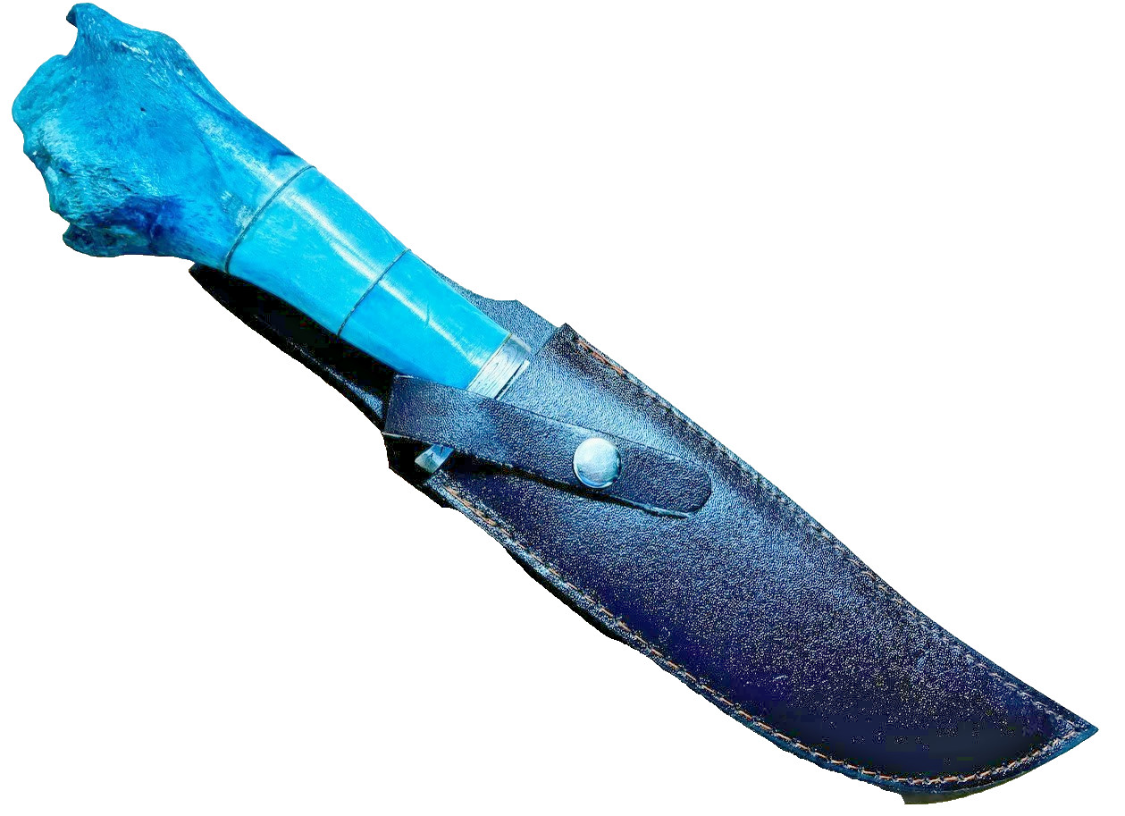 Blue Stag Bone Handle Damascus Fixed Blade Knife, Custom Made