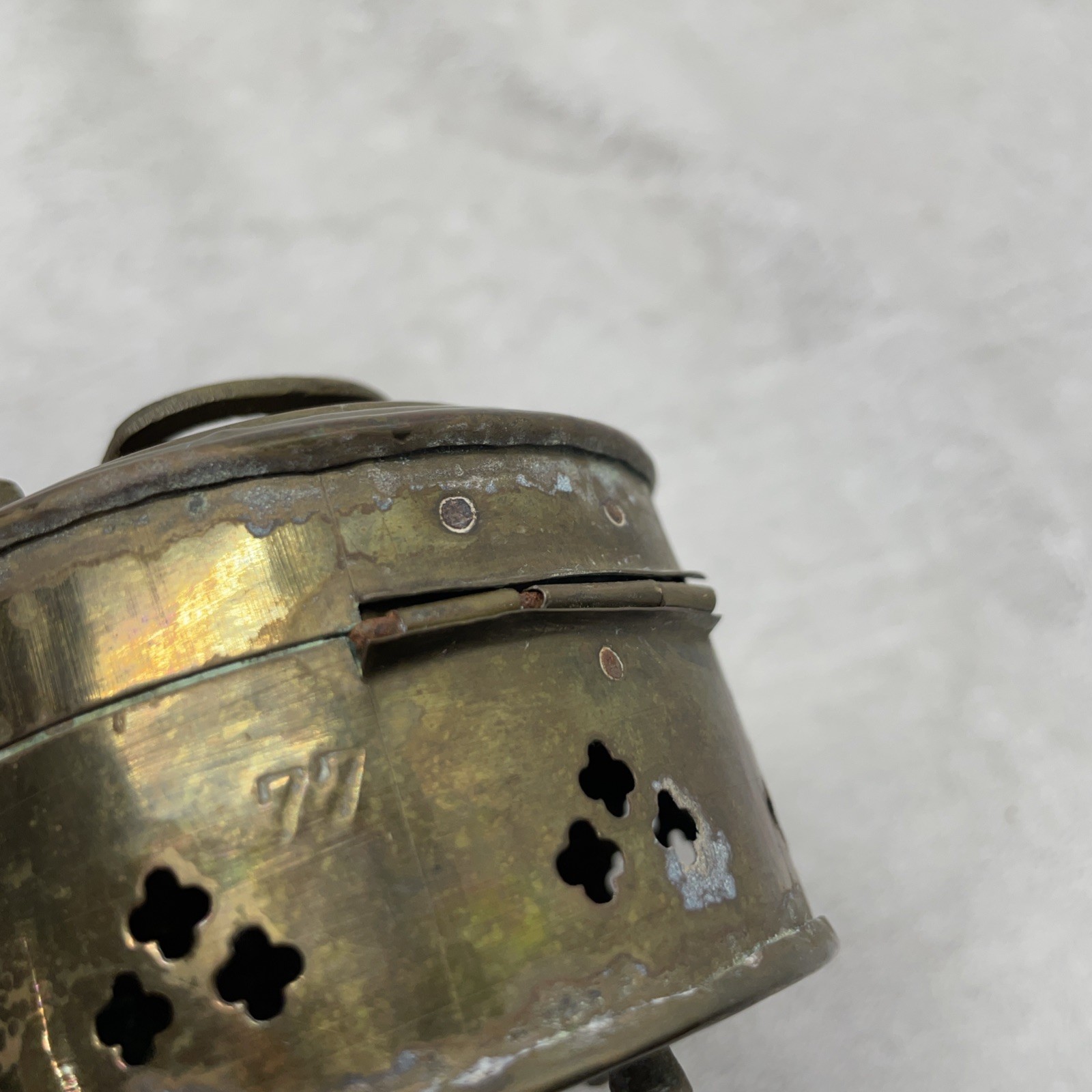 Vintage Brass Cricket Box Patina Footed Pierced Hinged Lid Handle Trinket Asian