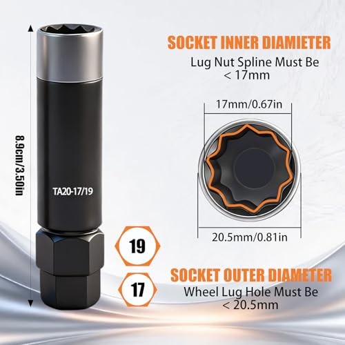 10 Spline Lug Nut Removal Socket Key, Compatible with Trucks & Large 17/19