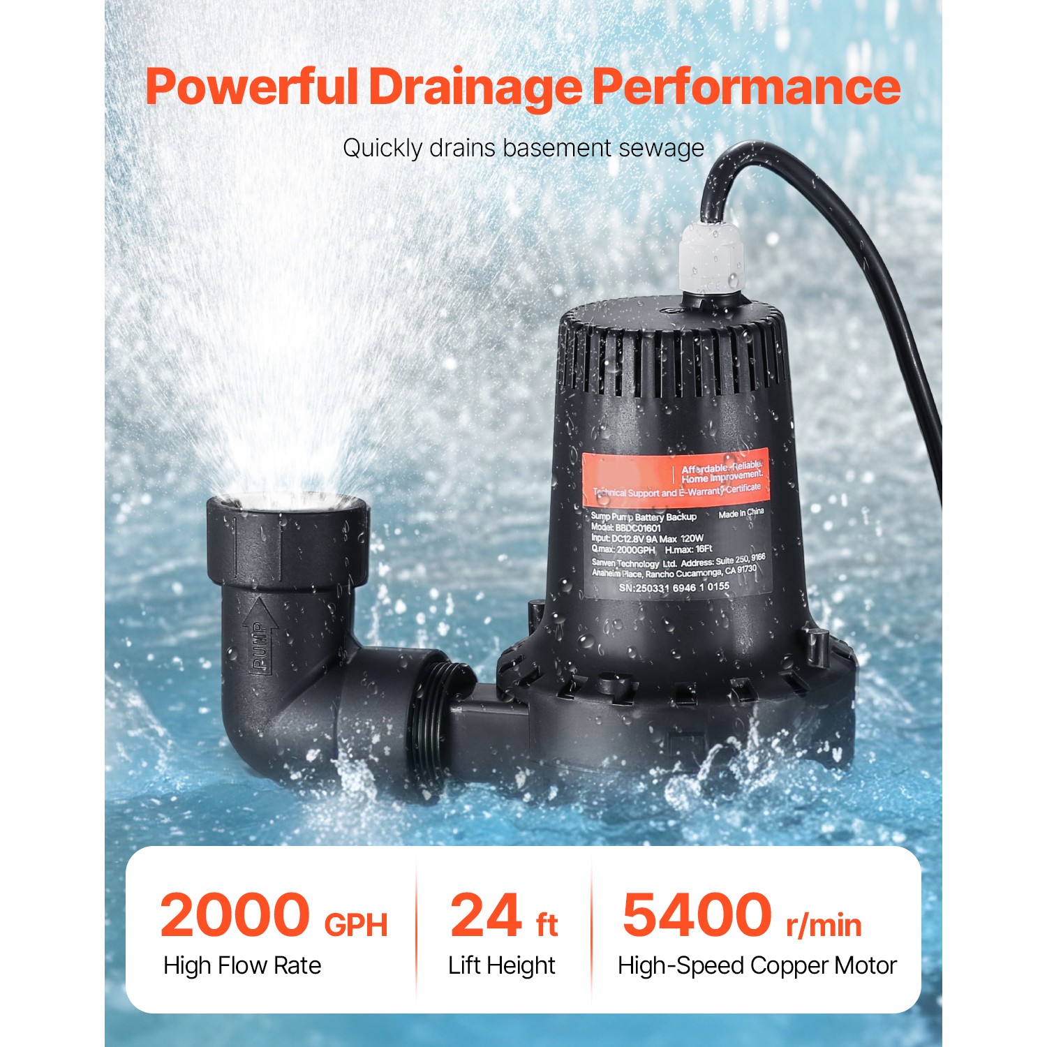 Basement Emergency Back-Up Sump Pump Backup Sump Pump System 2000GPH 0.17 HP