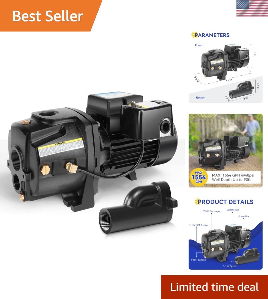 High Efficiency Cast Iron Well Pump with Automatic Pressure Switch - 25.9 GPM