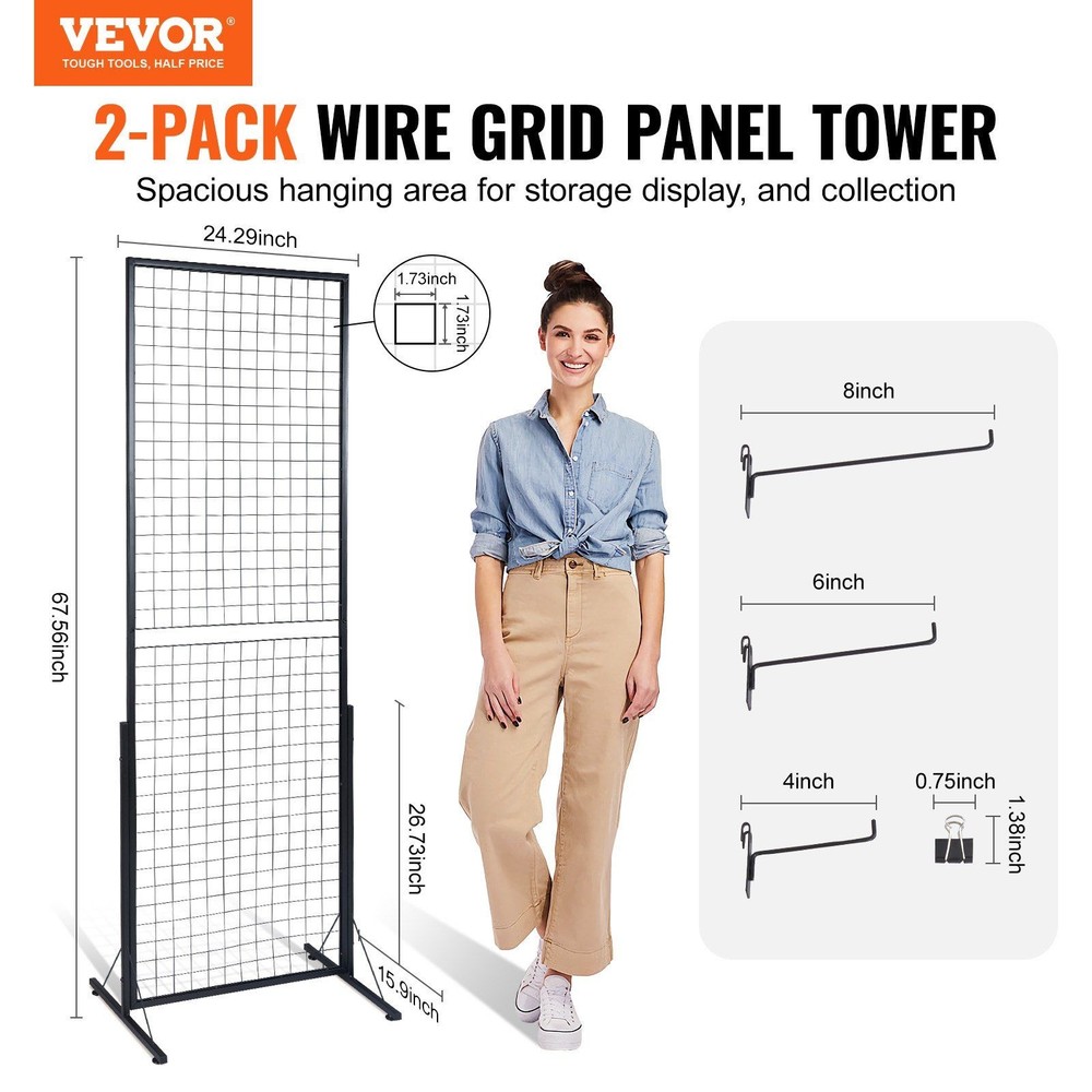 Metal Wire Grid Display Tower 2PCS 24.3x67.6in Foldable 60lb Support
