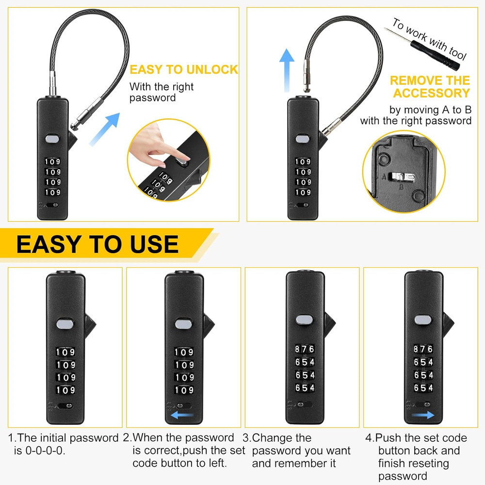 DELSWIN Cable Locks with Combination, 4-Digit Gate Lock with 3 Steel Ropes (9''