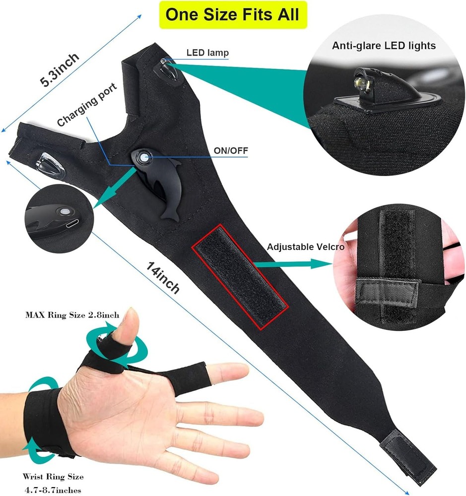 Waterproof Rechargeable LED Flashlight Gloves, Adjustable Strap,