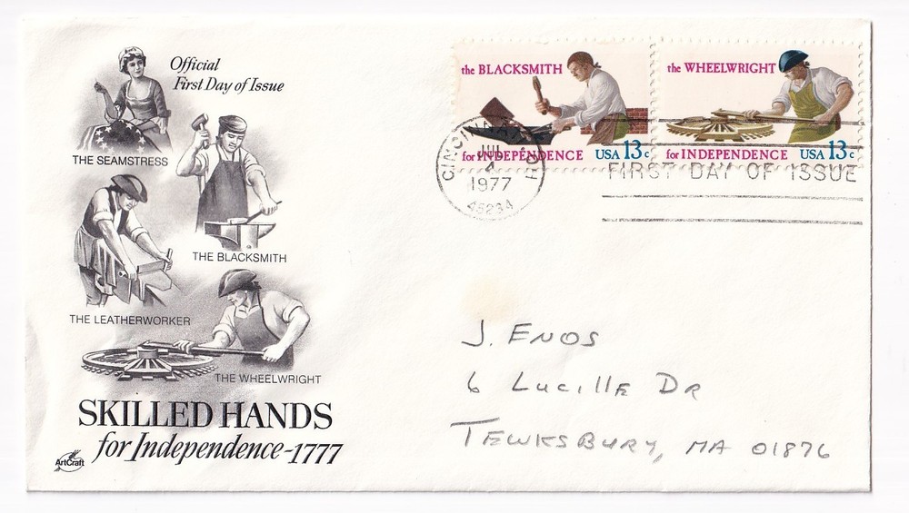 STAMP US SCOTT 1718, 1719 "Blacksmith & Wheelwright" 13 CENT 1977 FDC PAIR - D