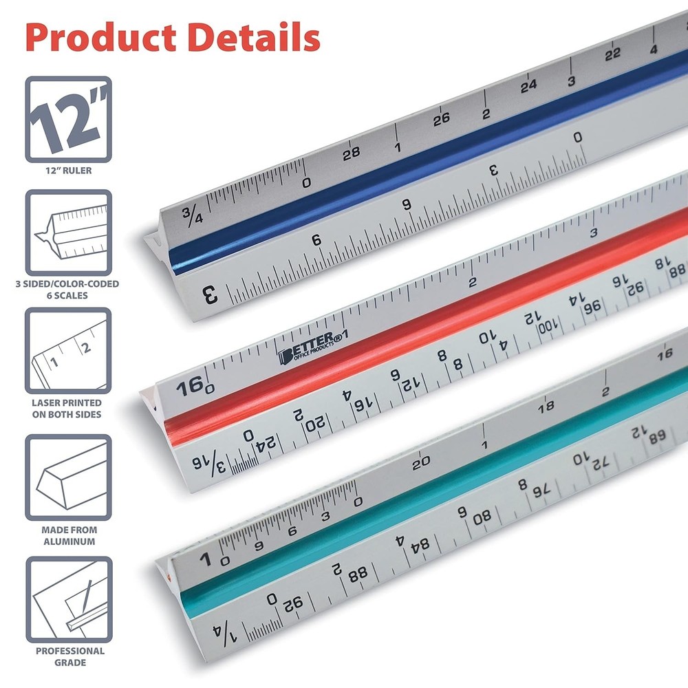 12 Inch Aluminum Triangular Ruler with Color Code for Drafting & Architect Use