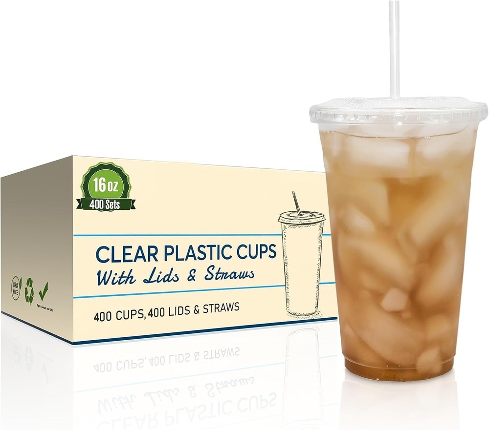 [400 Sets - 16oz.] Disposable Clear Plastic Cups with Flat Lids and Straws