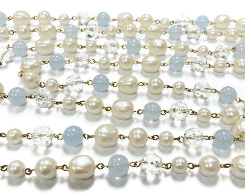 5 FEET VINTAGE JAPAN PEARL CRYSTAL ACRYLIC BABY BLUE BEADED BRASS LINK CHAIN L3