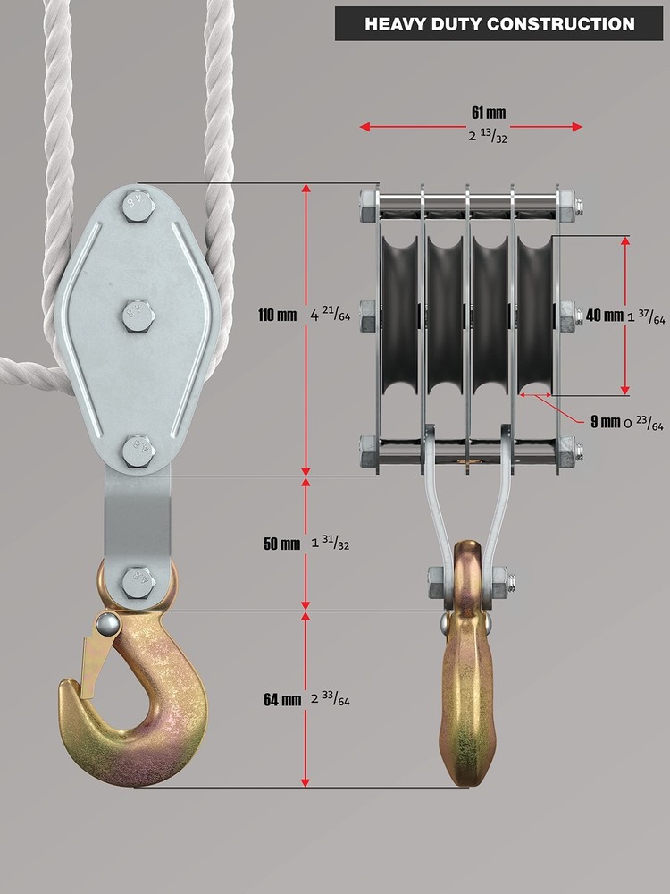 SoB Block and Tackle Pulley System for Lifting Objects - 4000LB Breaking Stre...