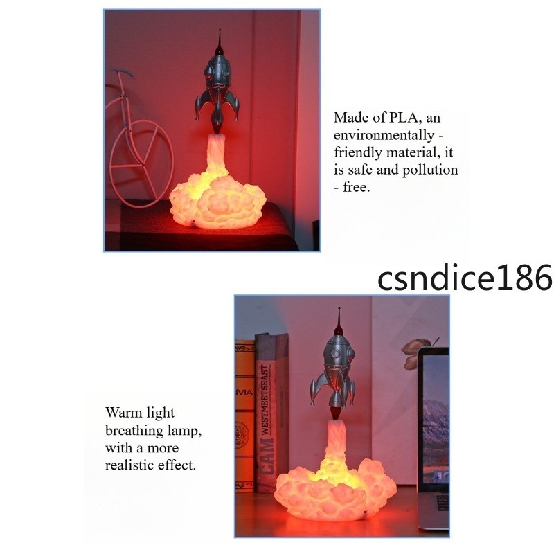 Rocket Shaped Night Light 3D Printed Lamp Breathing Warm Light Effect Cloud Base