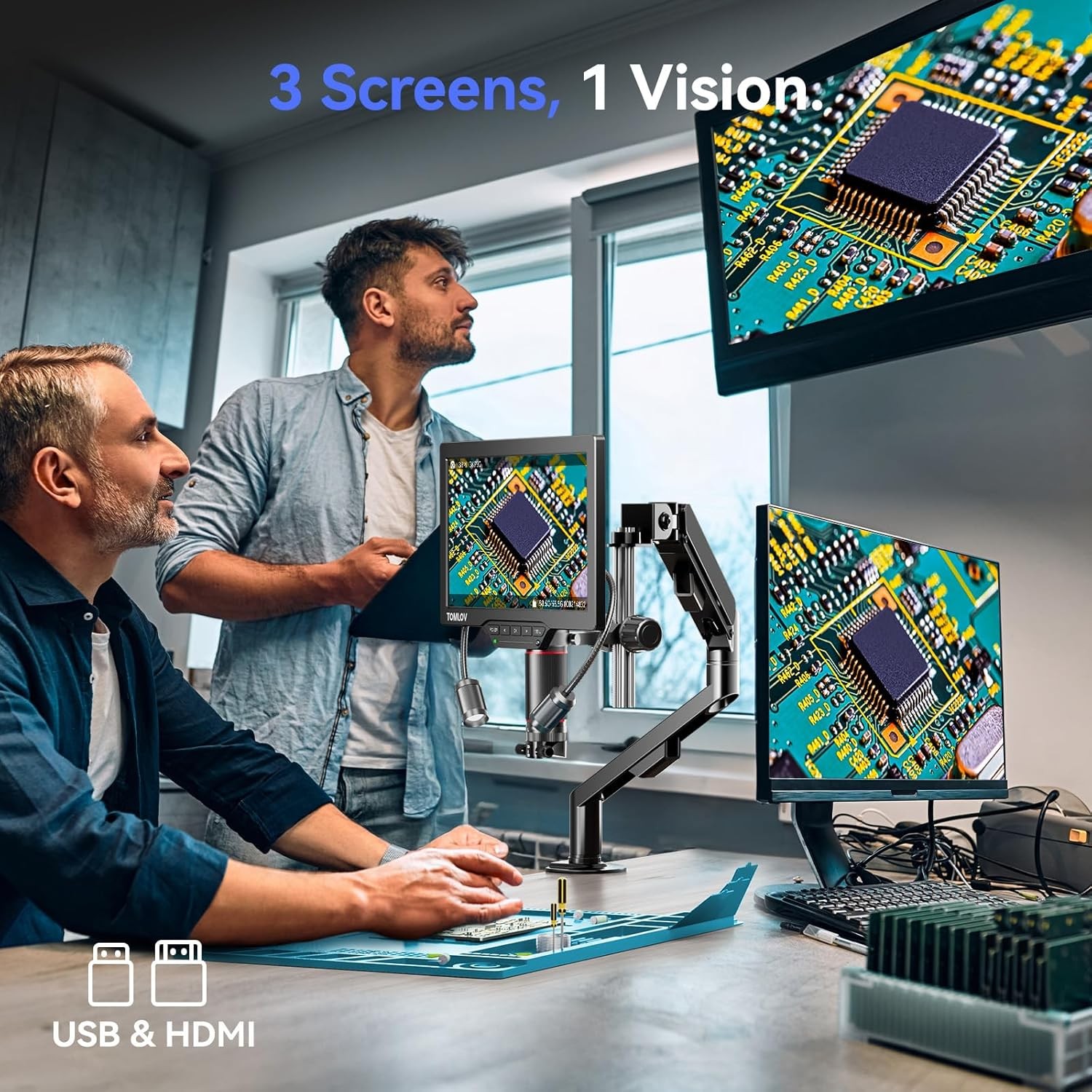 TOMLOV 3D Digital Soldering Microscope 38MP 2000X Coin Microscope Flex Arm 3K