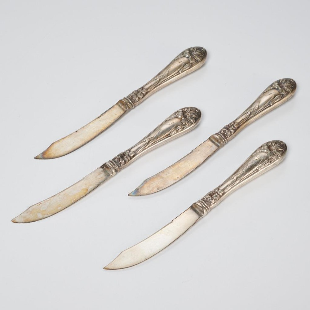 Alvin Orange Blossom Easter Lily Art Nouveau Silver Plated Fruit Knives 4pc