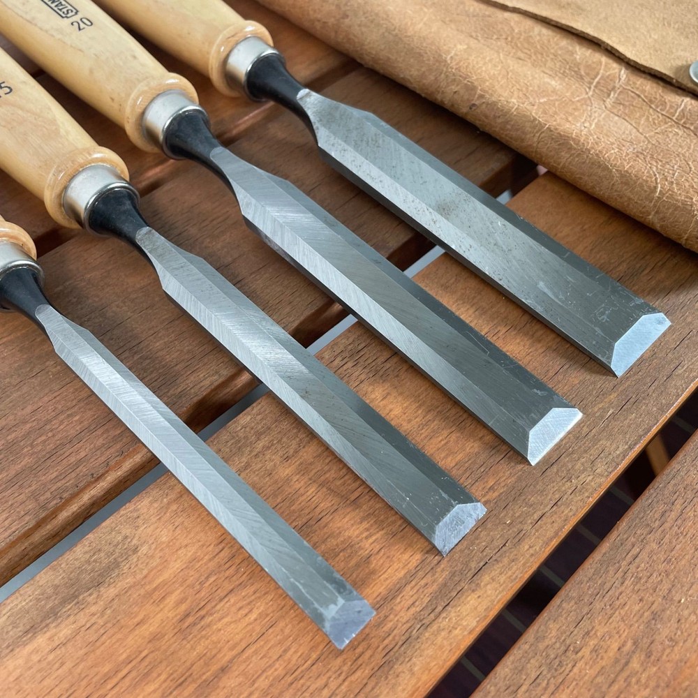 STANLEY Chisel Set 4 Pc with Leather Cover Used Woodworking Hand Tools