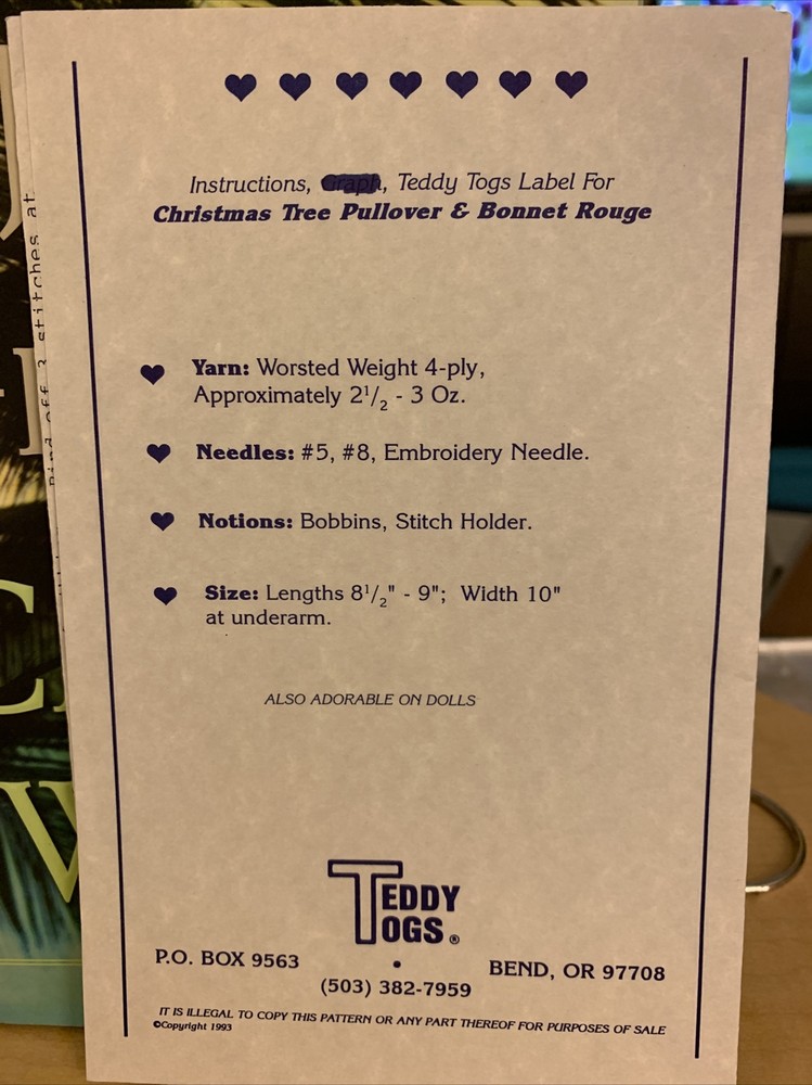 Teddy Togs Easy To Knit Pattern. Christmas Tree Pullover And Bonnet