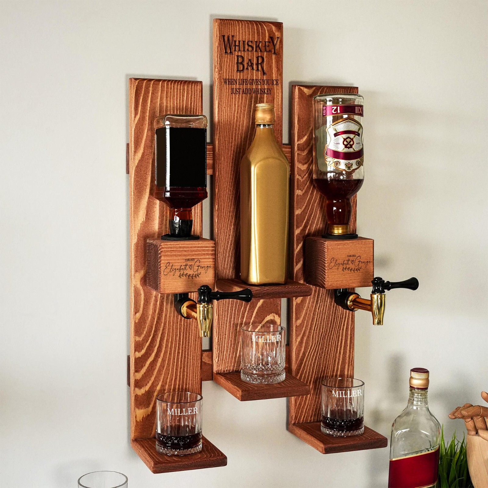 Custom Double Whiskey Dispenser with Shelf, Wall Mounted, Rustic Gift for Him