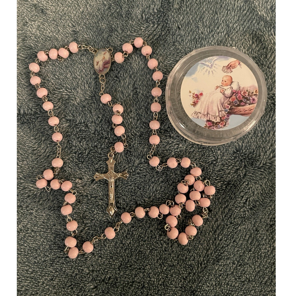 Pink Plastic Rosary with Metal Crucifix and Decorative Case for Christianity