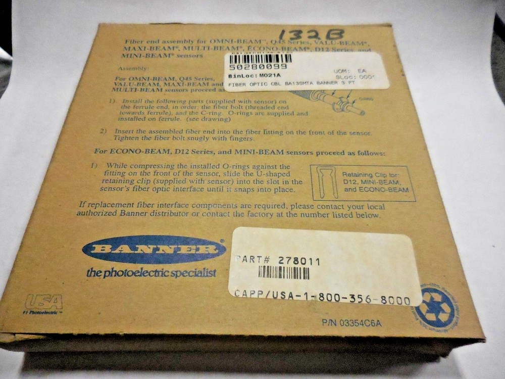 Banner Engineering BA13SMTA, 03354C6A Fiber Optic BEAM Sensor Cable (3 Ft)