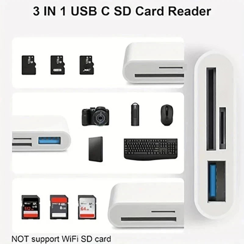 USB C to SD Card Reader, 3-in-1 Hub Converter, Micro SD TF Memory Type-C Adapter