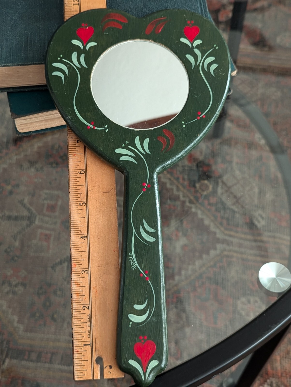 Vtg Hand Mirror Vanity Folk Art Handmade Home Green Wood Tole Painted Floral
