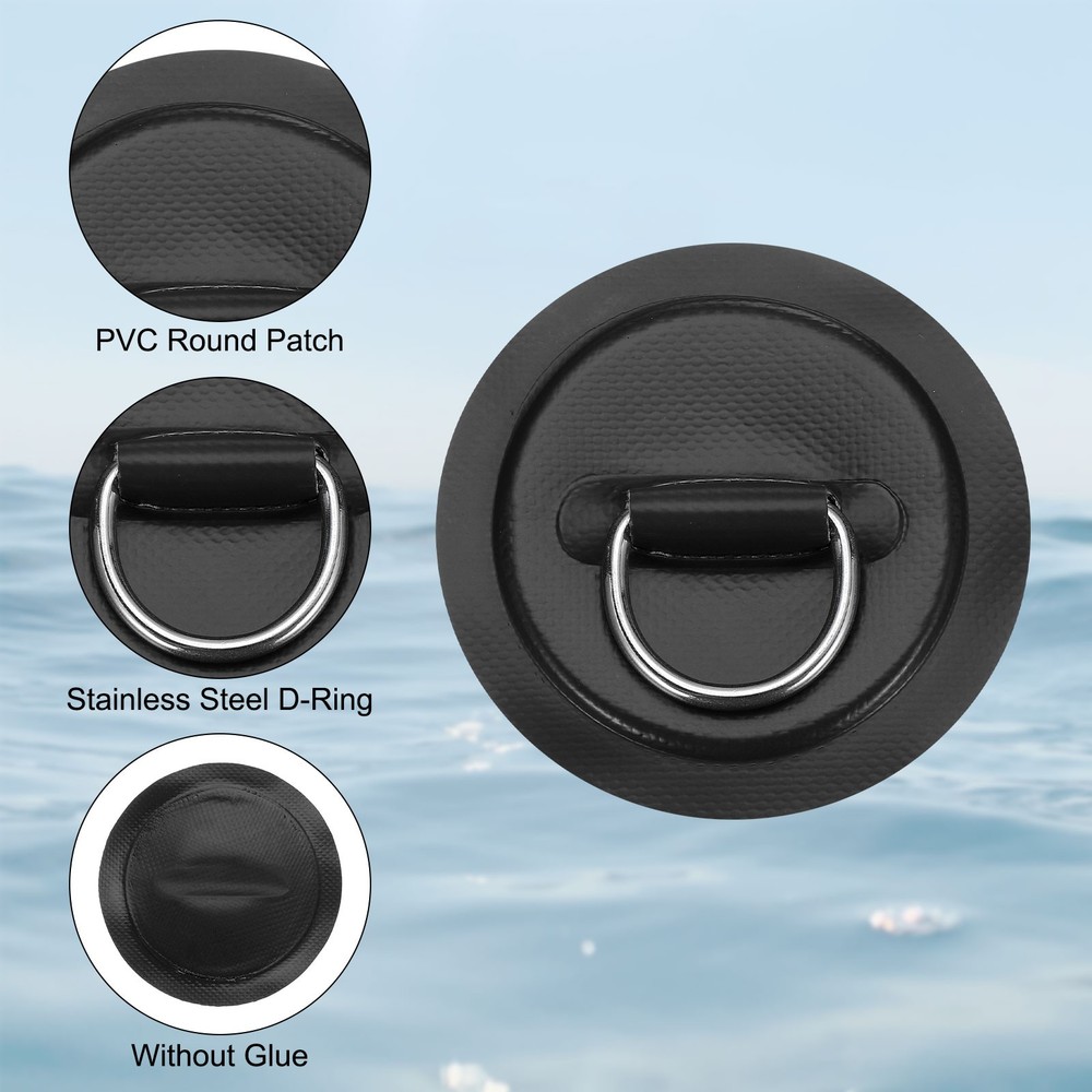 4Pcs Stainless Steel D-Ring Patch Round Patch with Elastic Cords & Hooks Black