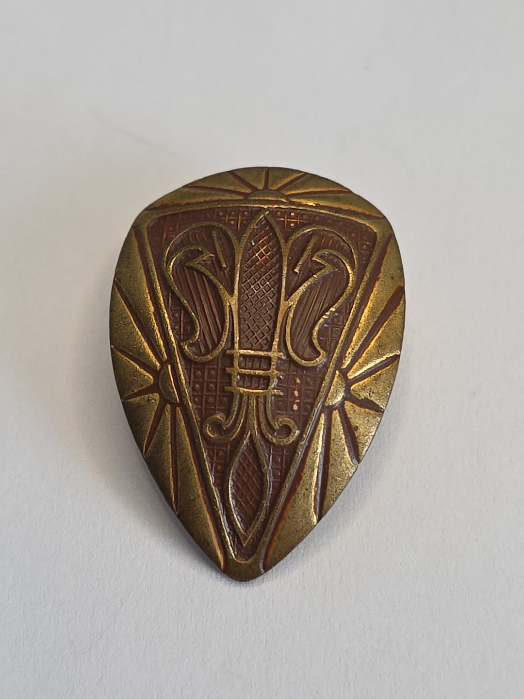 PAIR OF ANTIQUE ART NOVEAU BRASS FLEUR DE LIS SHIELD BUTTON COVERS