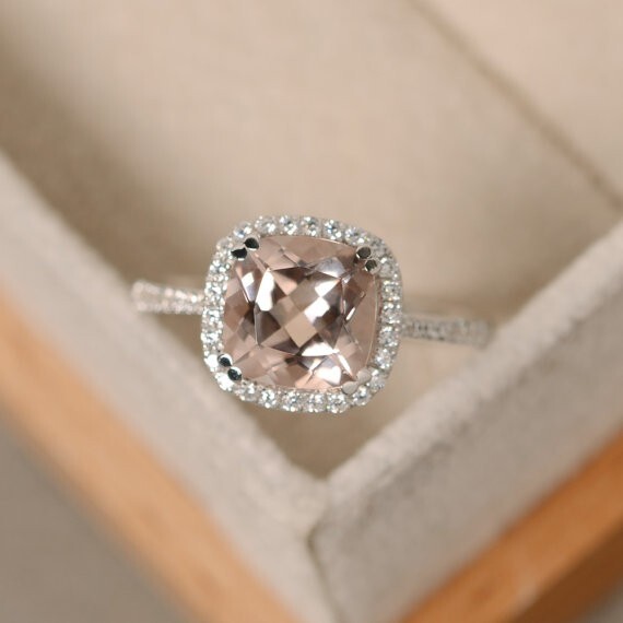 2.70 Ct Cushion Cut Morganite & Diamond Engagement Ring 14K Solid White Gold