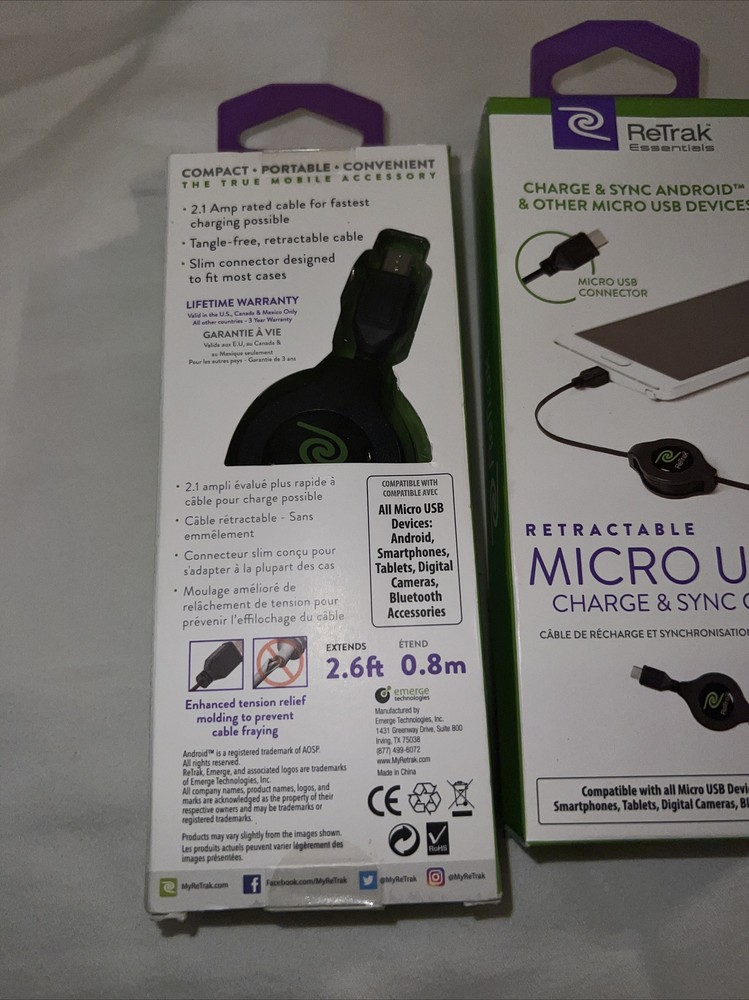 2 - Retrak Retractable USB to Micro USB Charge and Sync Cable Black 2.6ft