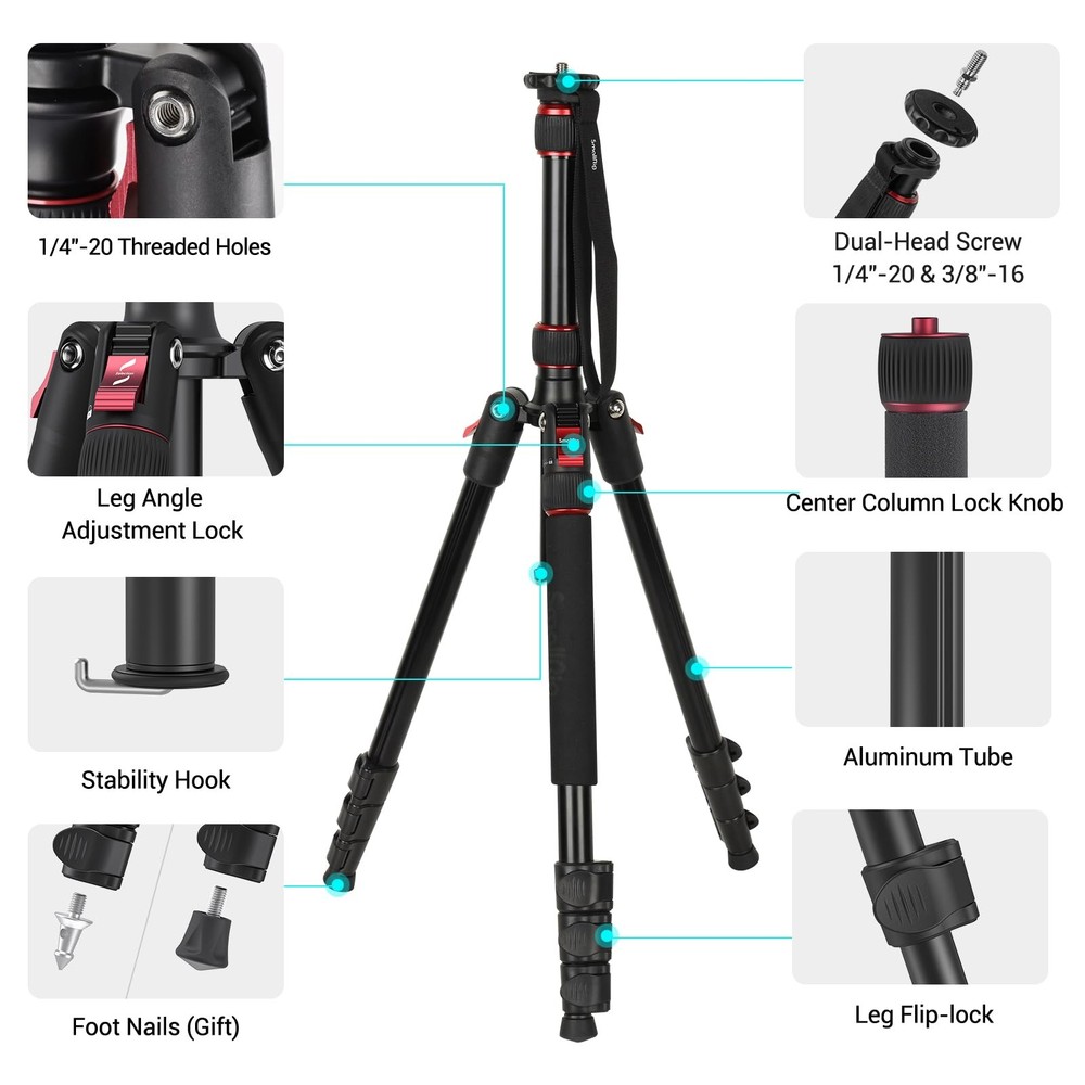 SmallRig 68 Camera Tripod, Foldable Aluminum Tripod & Monopod, Compatible with