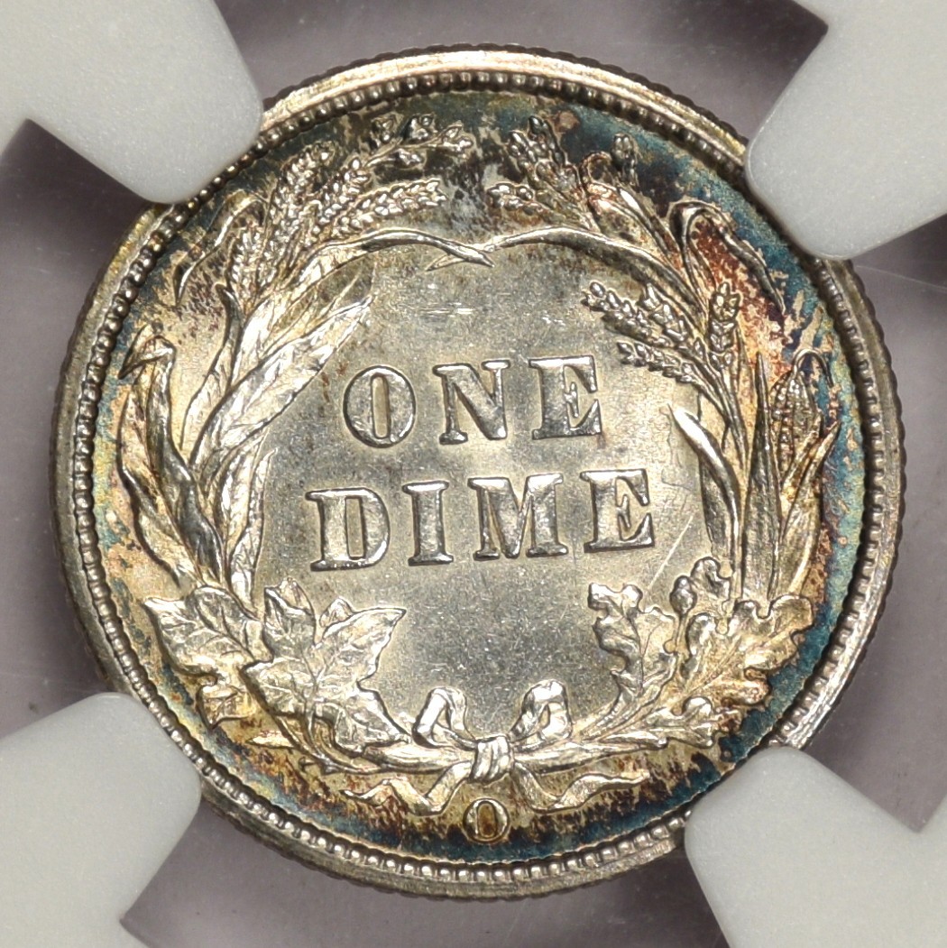 1892-O BARBER DIME ~ NGC MS61 ~ BLUE TONING AND CLASHED DIE REVERSE!
