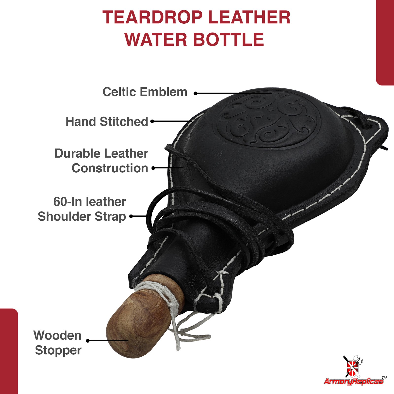 Teardrop Leather Adventure Canteen with Celtic Emblem – 40oz Historical Prop