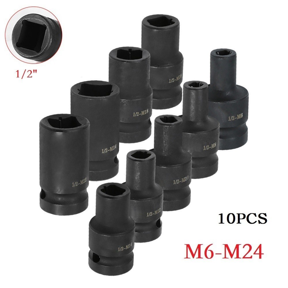 10PCS Square Tap Socket Set For Electric Driver Wrench M6M24 Rust-Proof