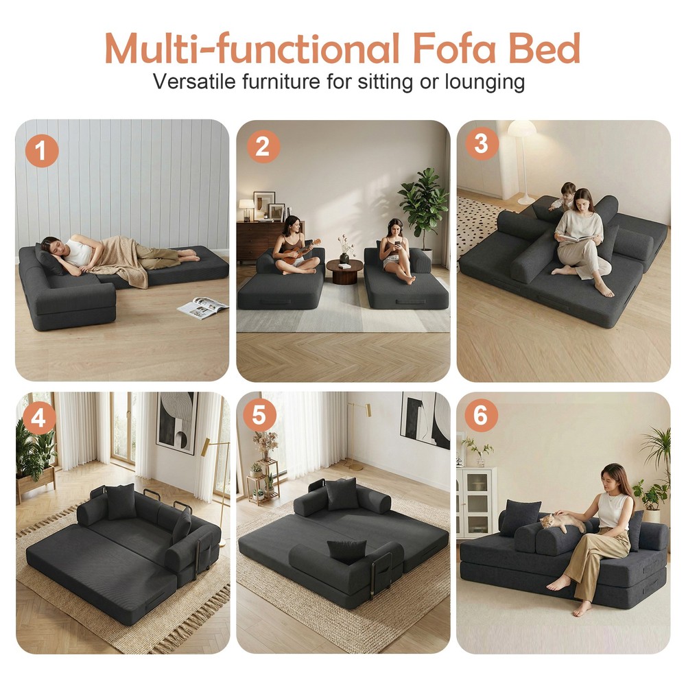 79" Corduroy Convertible Compression Sofa Bed Folding Floor Sofa Sleeper Couch