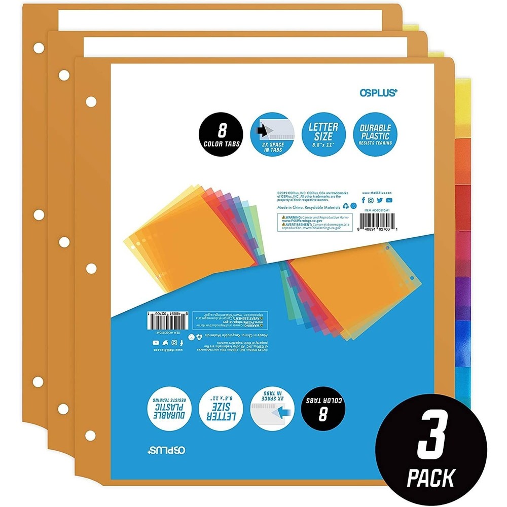 8-Tab Plastic Binder Dividers, Insertable Multicolor Big Tabs, 3 Sets