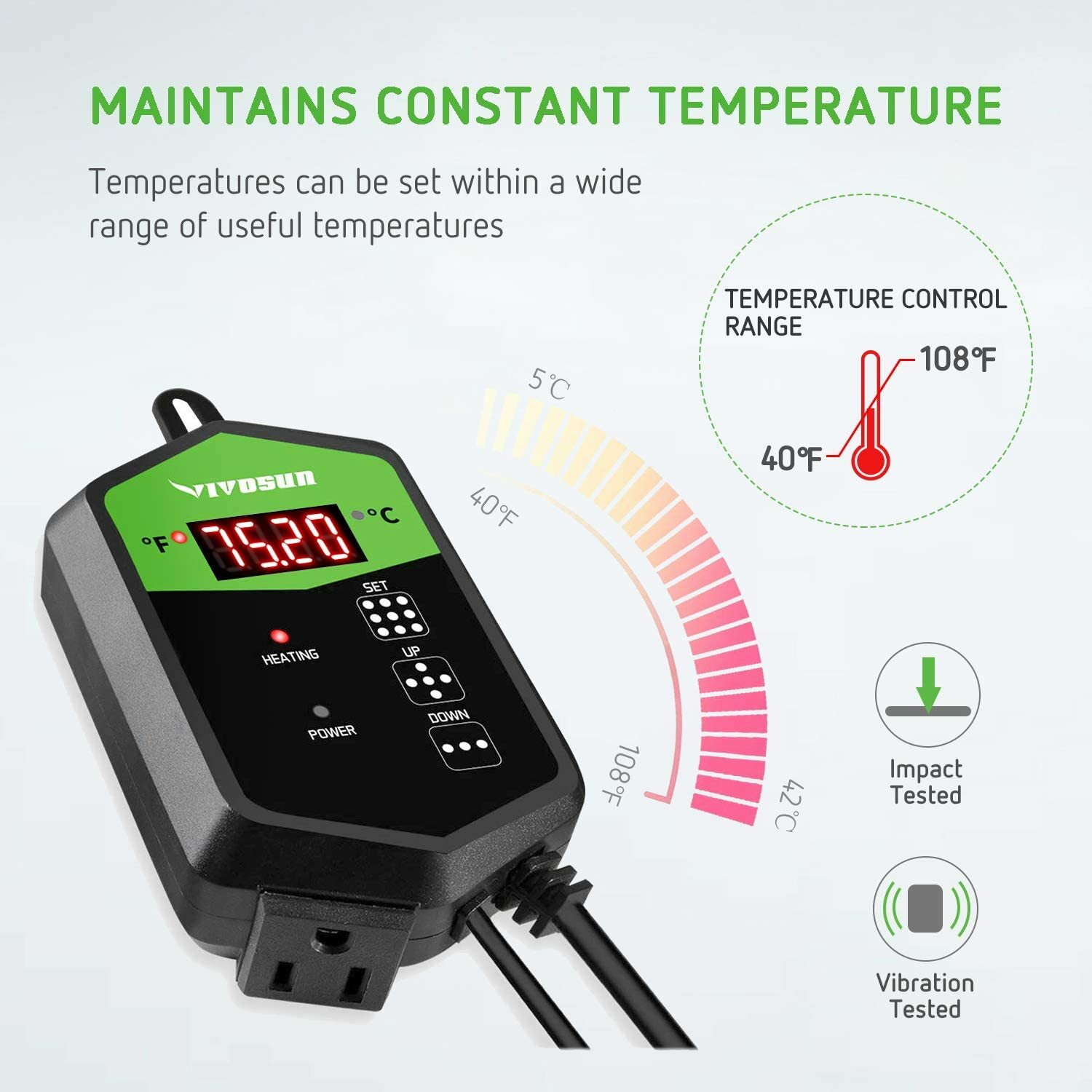 VIVOSUN Digital Heat Mat Thermostat Temperature Controller 40–108 ºF for Seed