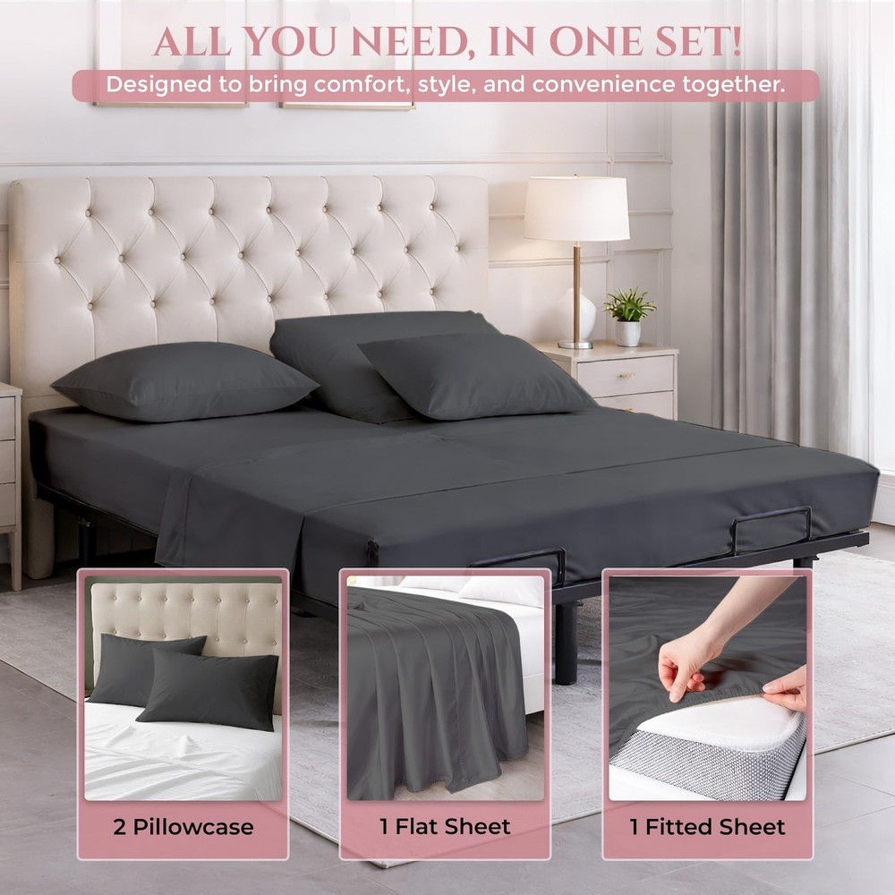 4 Pcs Top Split King Sheet Sets for Adjustable Bed, 100% Giza Cotton Perfect ...