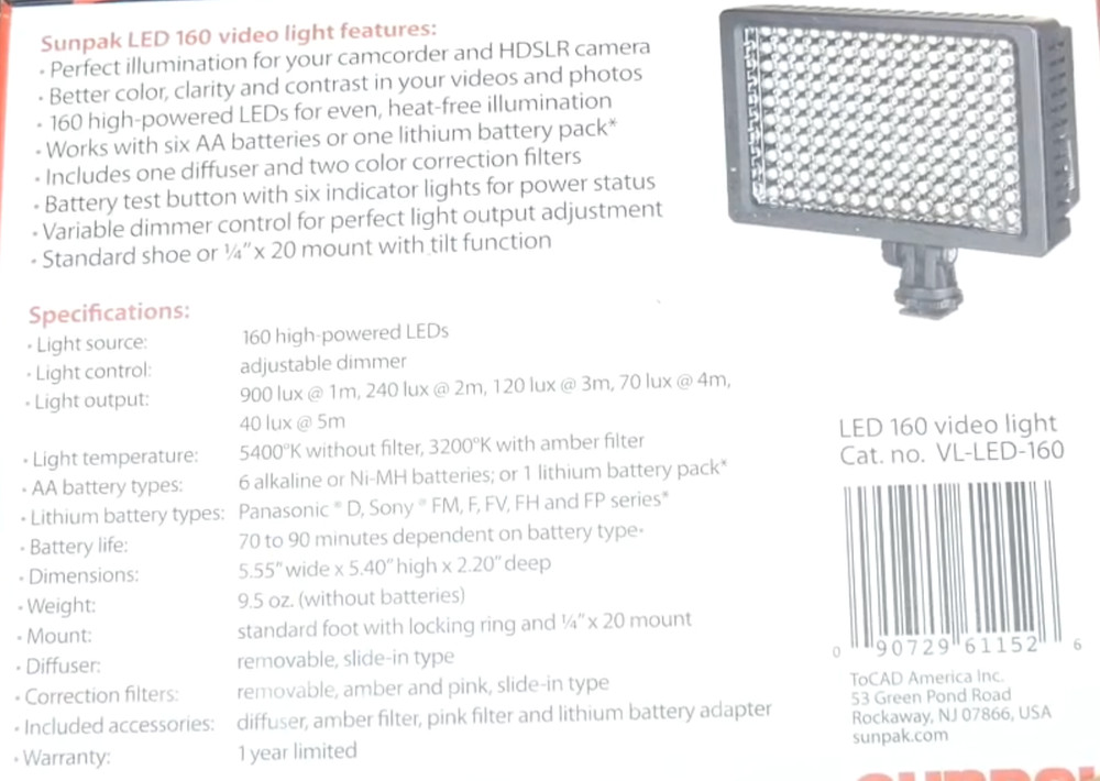 Sunpak LED 160 Video Light, VL-LED-160, Tested Working, LIGHT ONLY