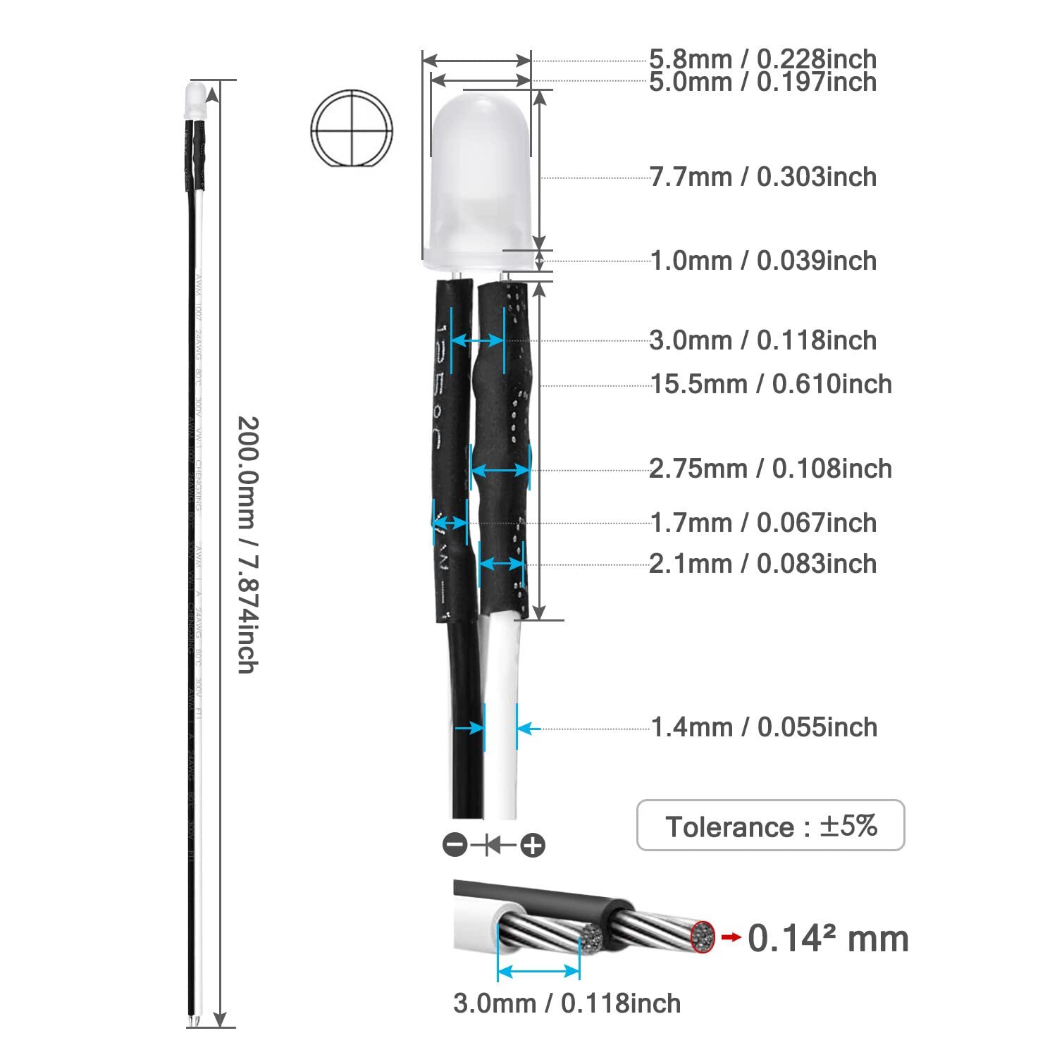 Hobby LED 8" Pre-Wired LEDs 3-12 Volt DC Pick COLOR + SIZE 1.8mm 3mm 5mm 10mm