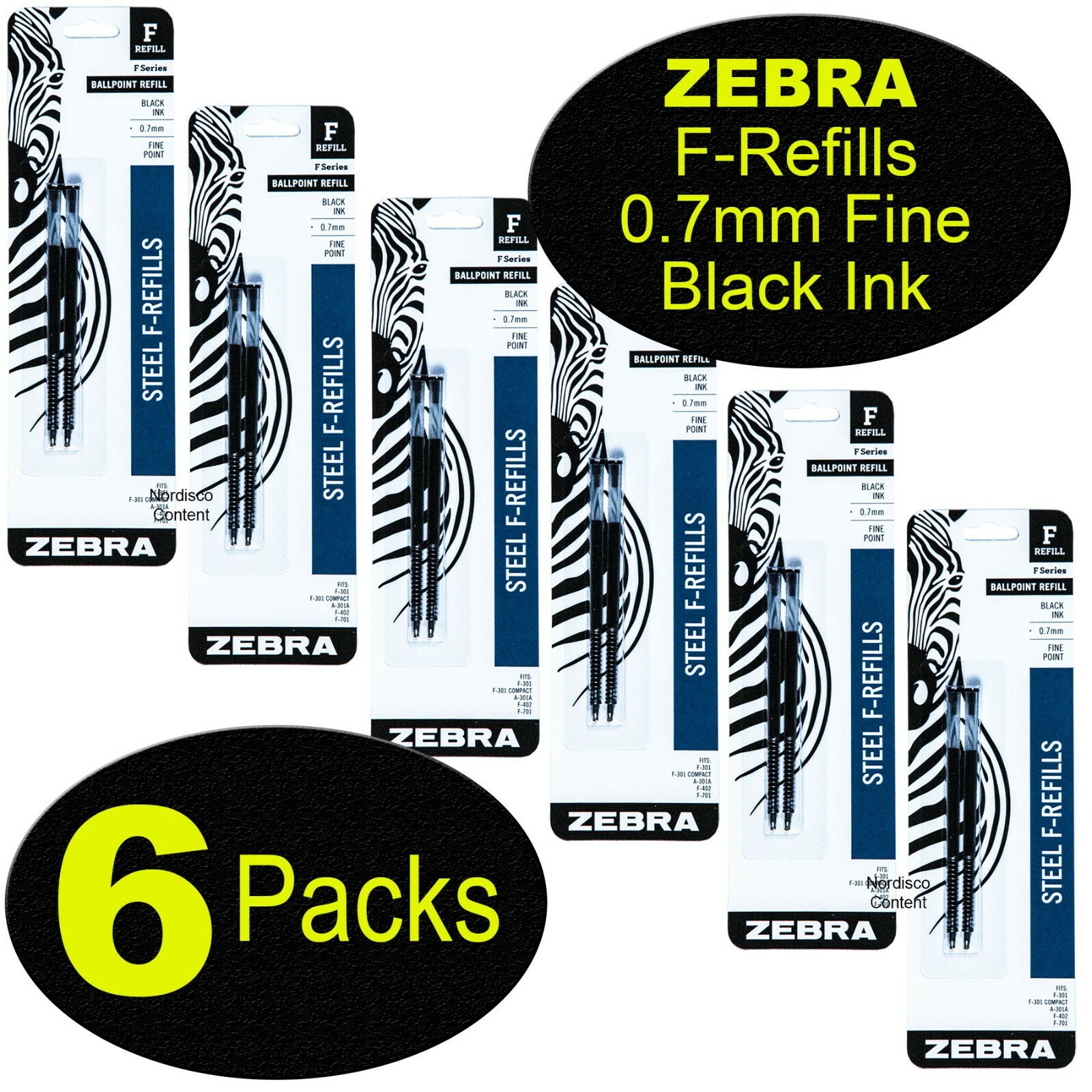 6 Packs 85512, Zebra F-Refills For F-301 Series, F-402, F-701, 0.7mm Black Ink