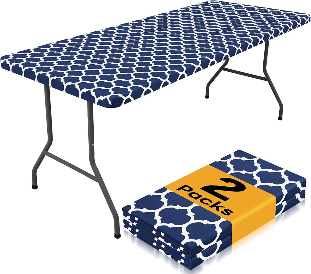 2 Pack Rectangle Table Cloth 4 Foot, Waterproof Elastic Fitted Tablecloths, Wind