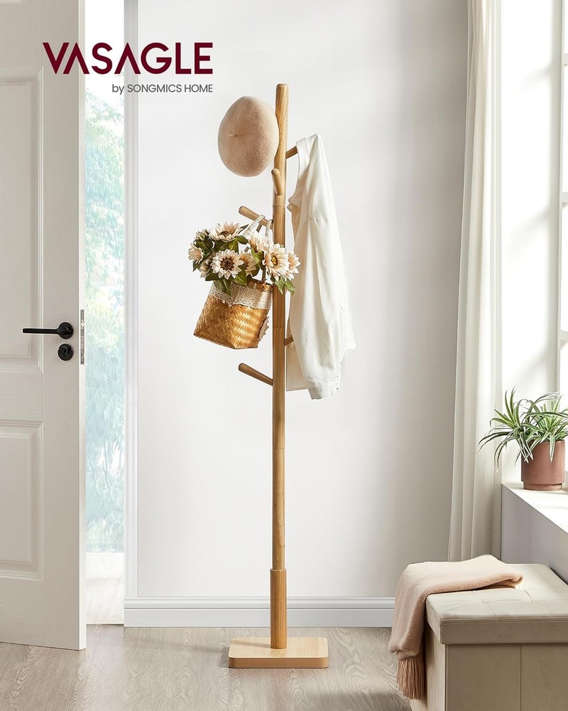 Solid Wood Coat Rack Free Standing Hall Coat Tree W/ 8 Hooks 3 Height Options US