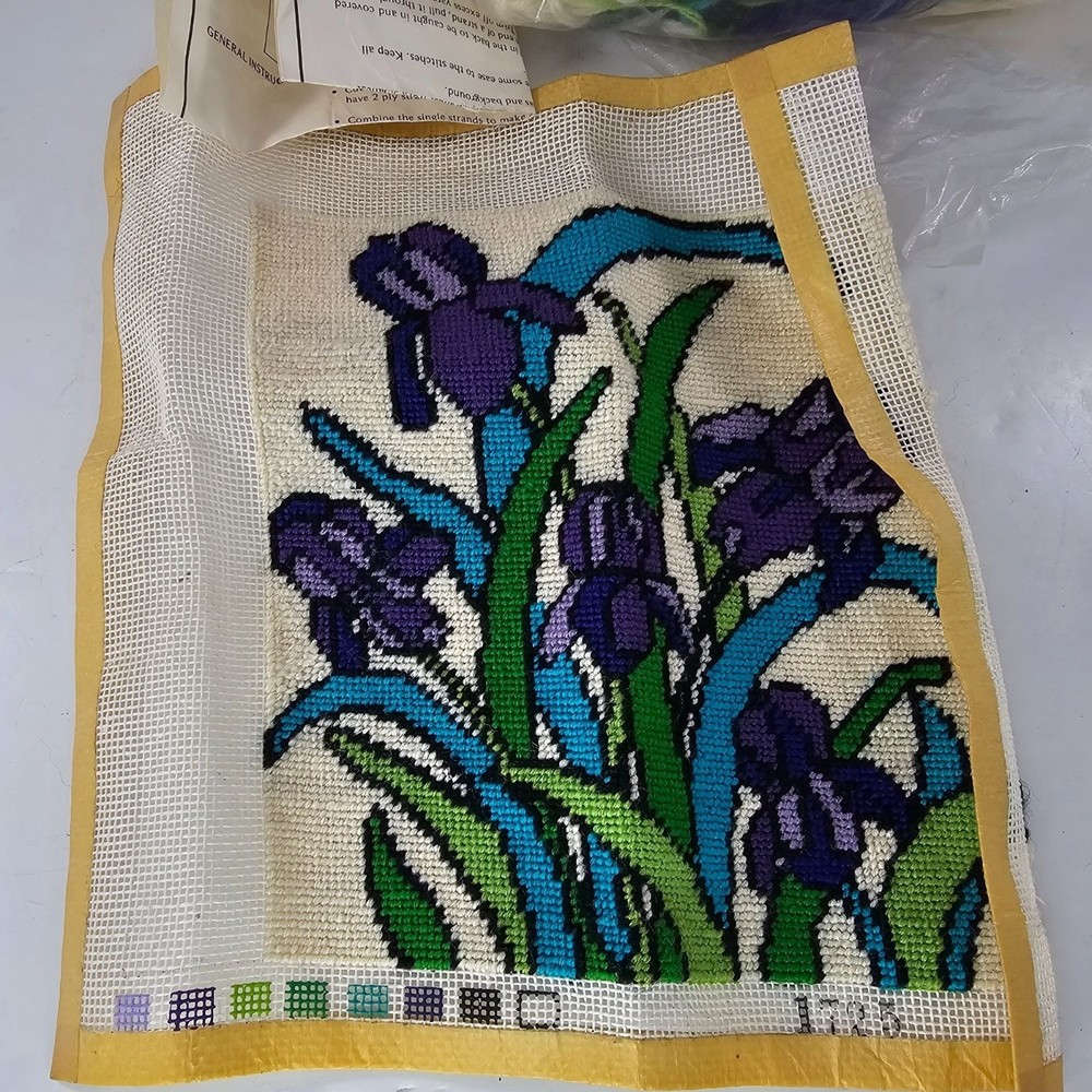 Iris Needlepoint Kit Trio3 Finished Extra Yarn & Canvas