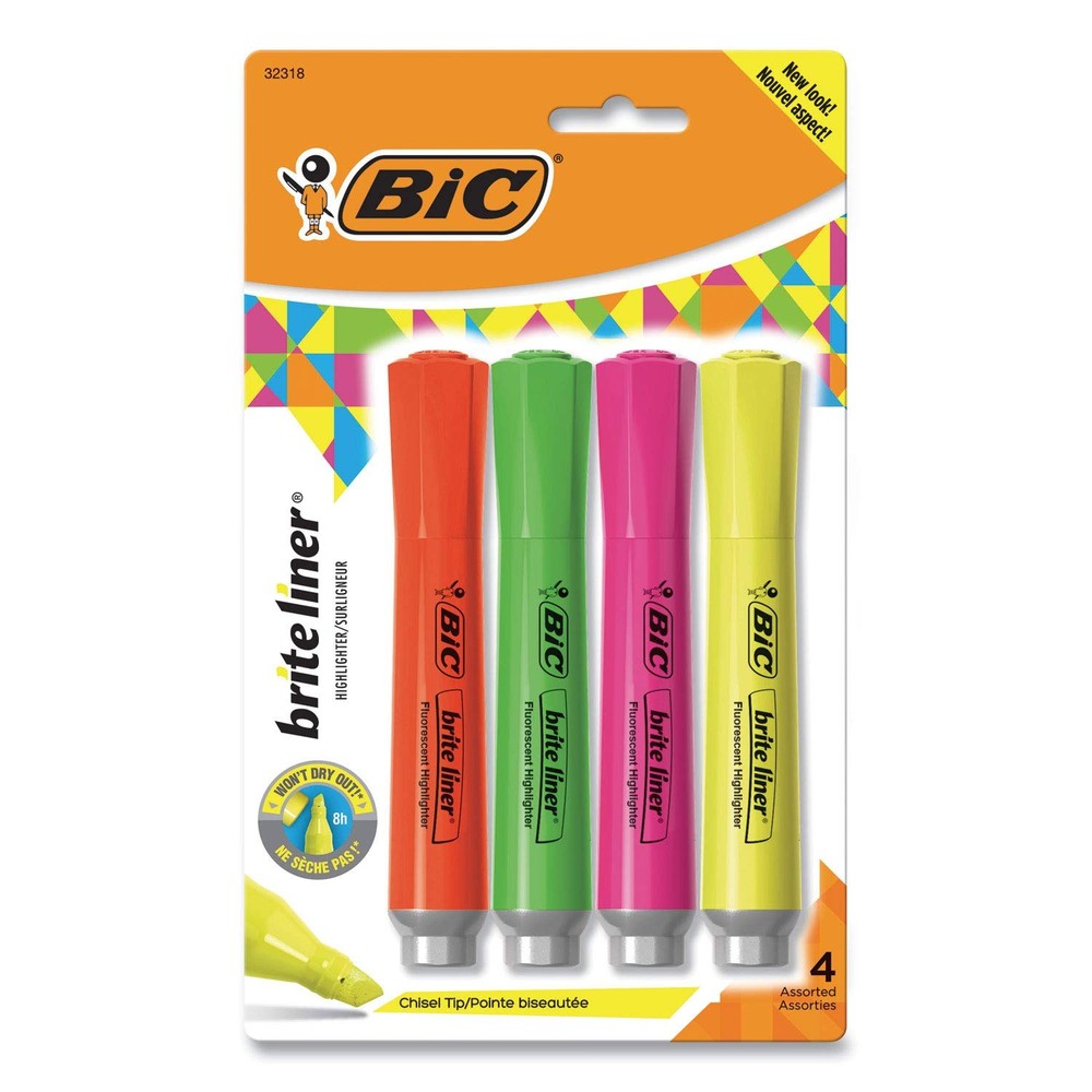 BIC : Brite Liner Grip XL Highlighter, Chisel Tp, Fluorescent Assorted