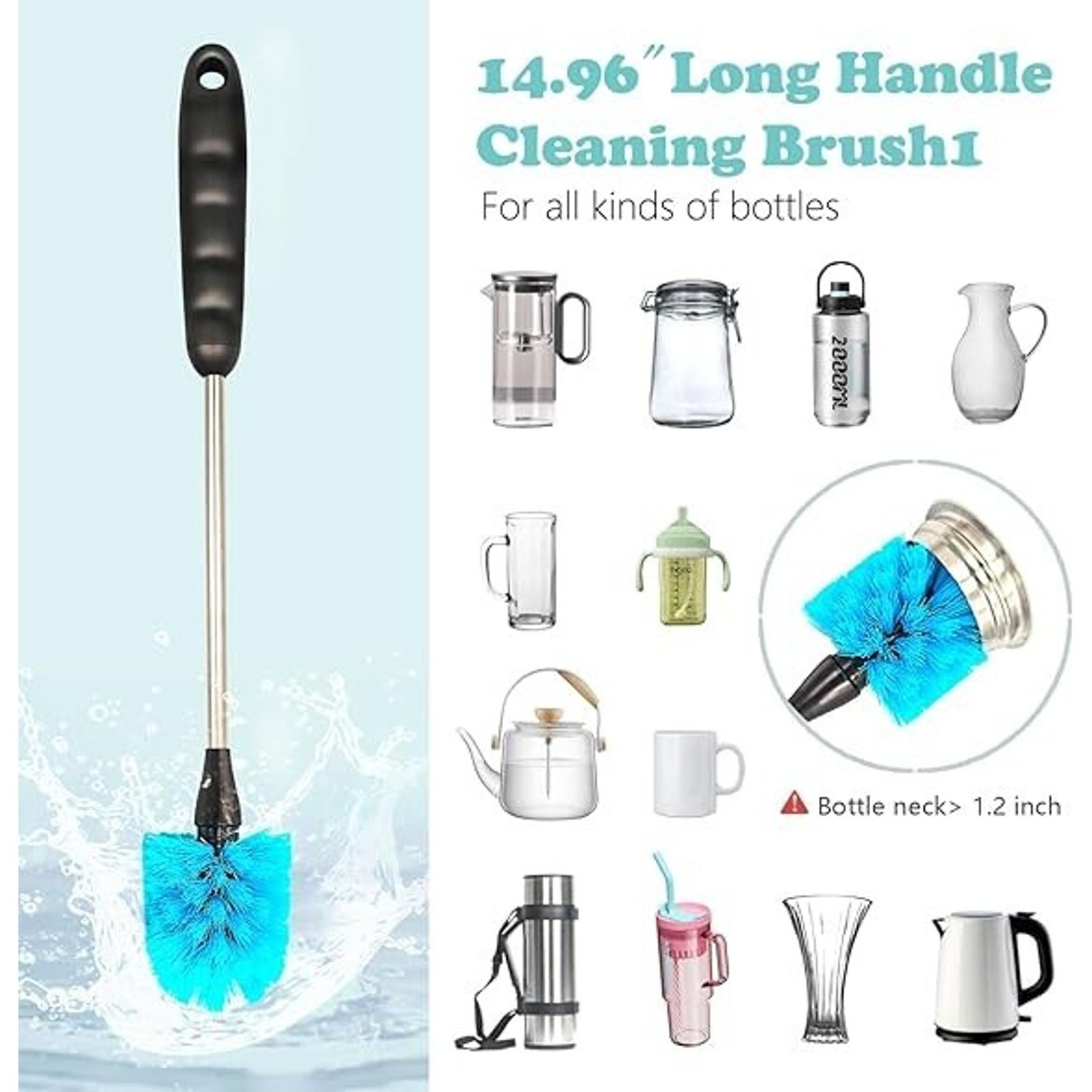 3-in-1 Stainless Steel Long Handle Water Bottle Brush Set - Blue, New Cleaning