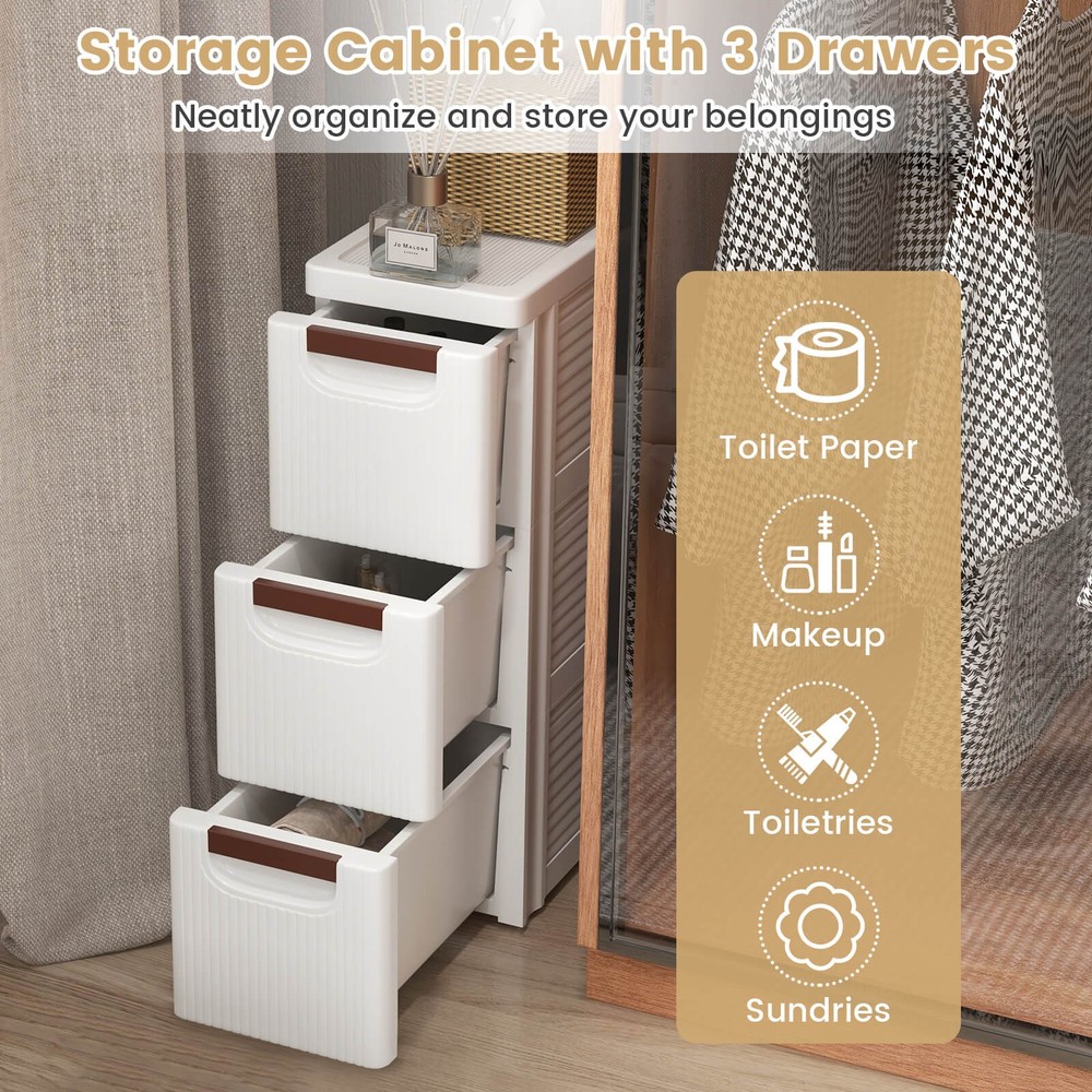 3-Drawer Narrow Rolling Storage Cabinet with Pull Handles Built-in Wheels