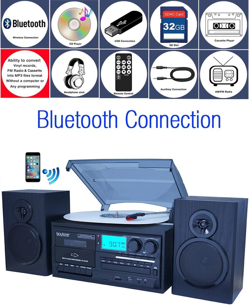 Boytone BT-28SPB Record Turntable System with Bluetooth CD Cassette Black